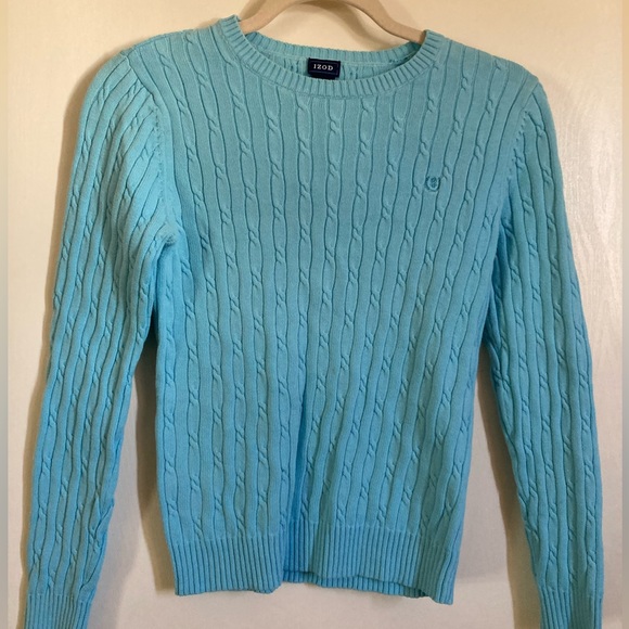 🌞EUC Izod Light Turquoise Cable Knit Long Sleeve Sweater Light Academia A - Picture 1 of 6